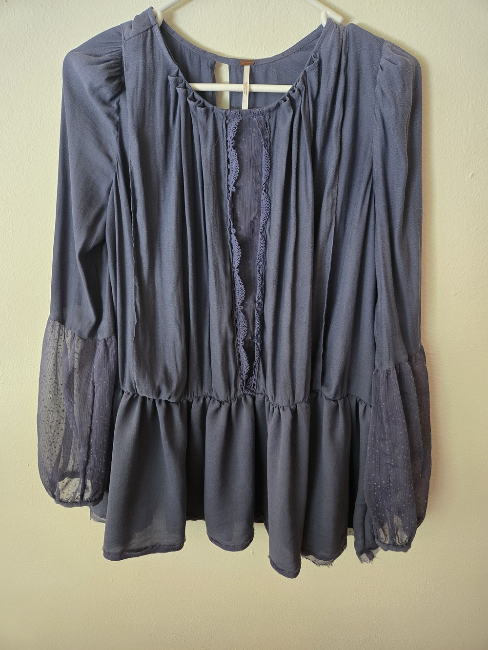 3 For $15 Free People Slate Blue Boho Blouse with Sheer Dotted Sleeves S